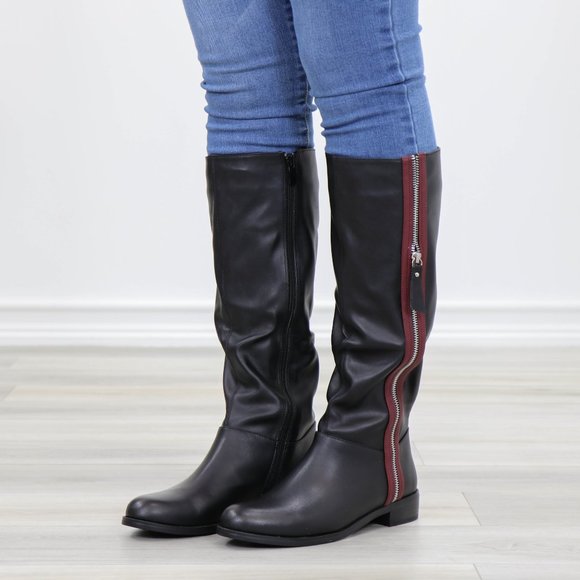 Black Below Knee Rider Boots Light Faux Fur Inside - Picture 2 of 12